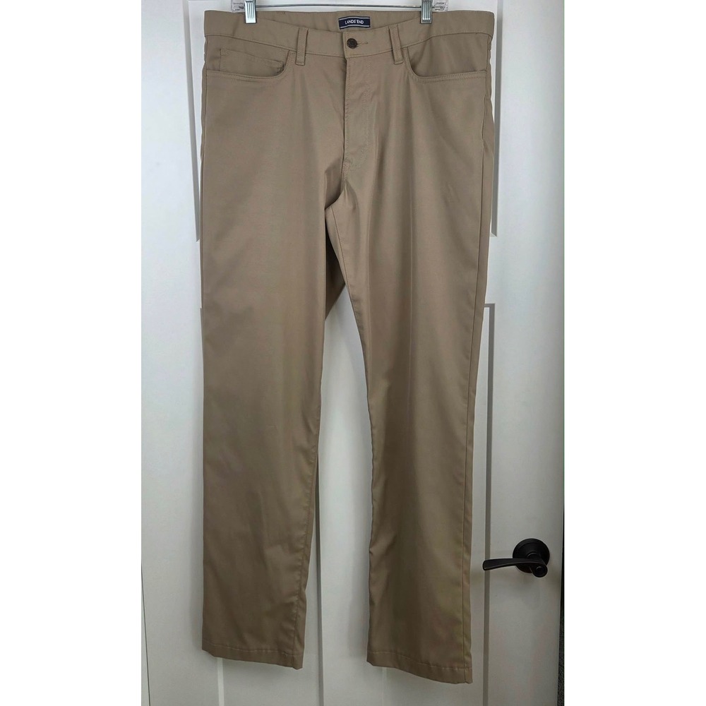 Lands‎ End Mens 36x34 Traditional Fit Khaki Tan 5 Pocket Polyester Pants RN62830